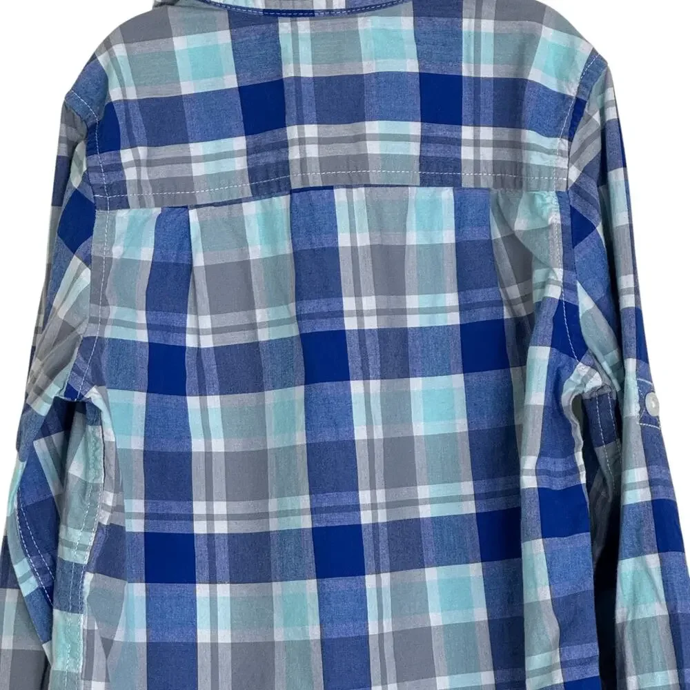 The Children's Place Boys Button-Up Shirt 5/6 Blue Gray Plaid Long Sleeve Cotton